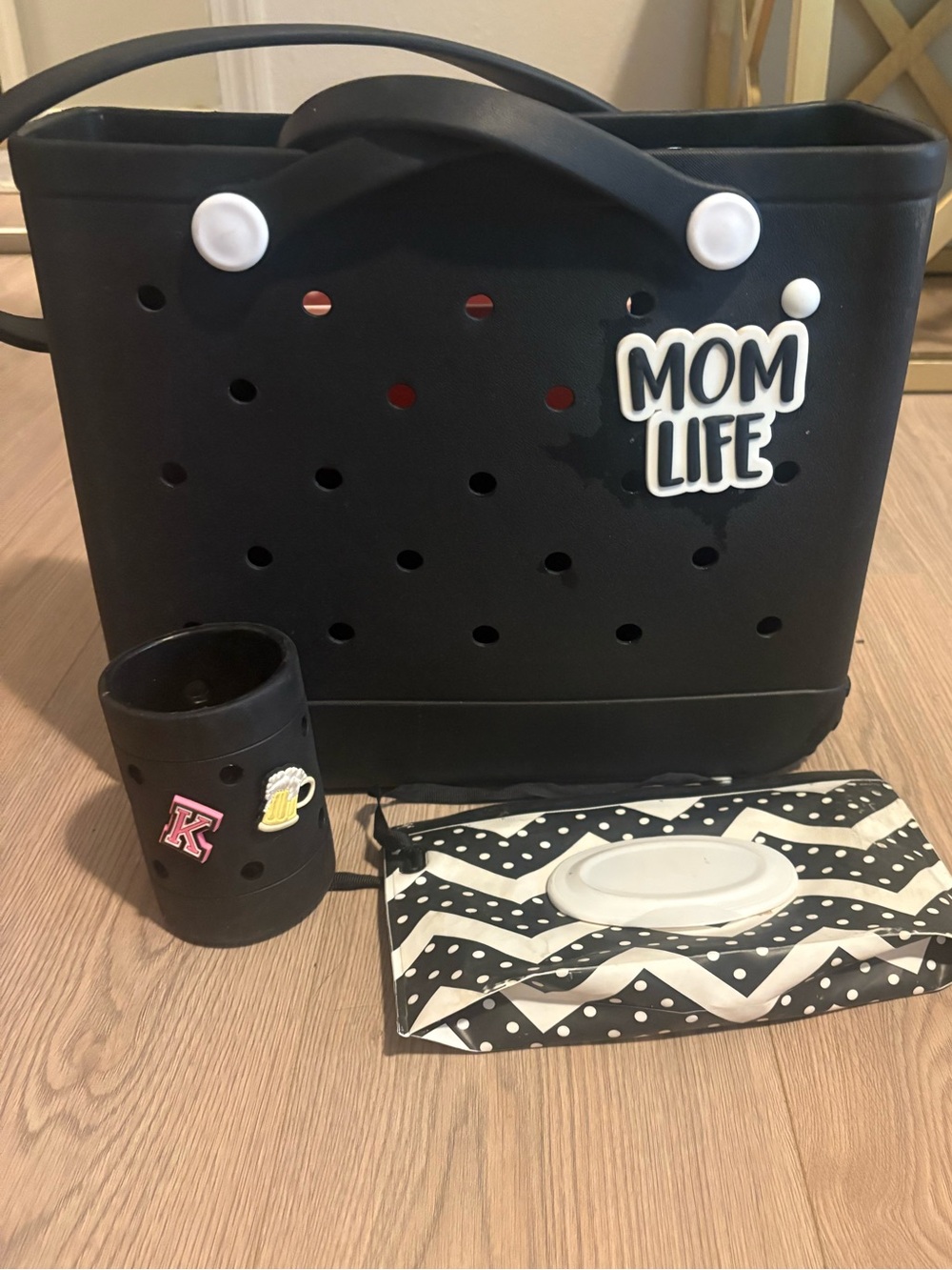 Black 'Mom Life' Perforated Tote with Accessories